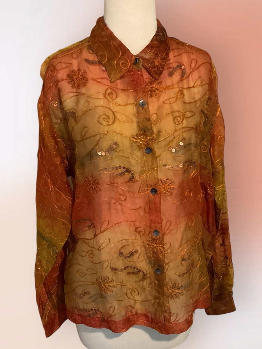 Chico’s Vintage Semi Sheer Silk Organza Embroidered Blouse Size 1 Med 8/10